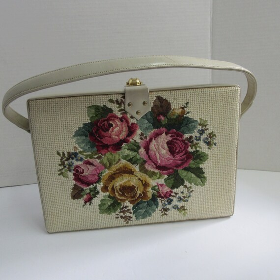 Vintage Tapestry Purse, Needlepoint Handbag, Leath