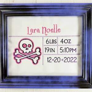 New Baby Gift for Gothic or Punk Nursery Decor - Embroidered Birth Stats Frameable Decor - Personalized Baby Keepsake
