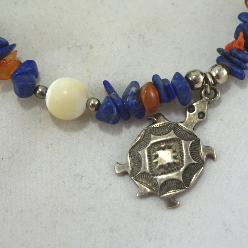 Vintage Sterling Silver Native American Bench Bead Charm Lapis Multi Gemstone Stone Fetish Necklace