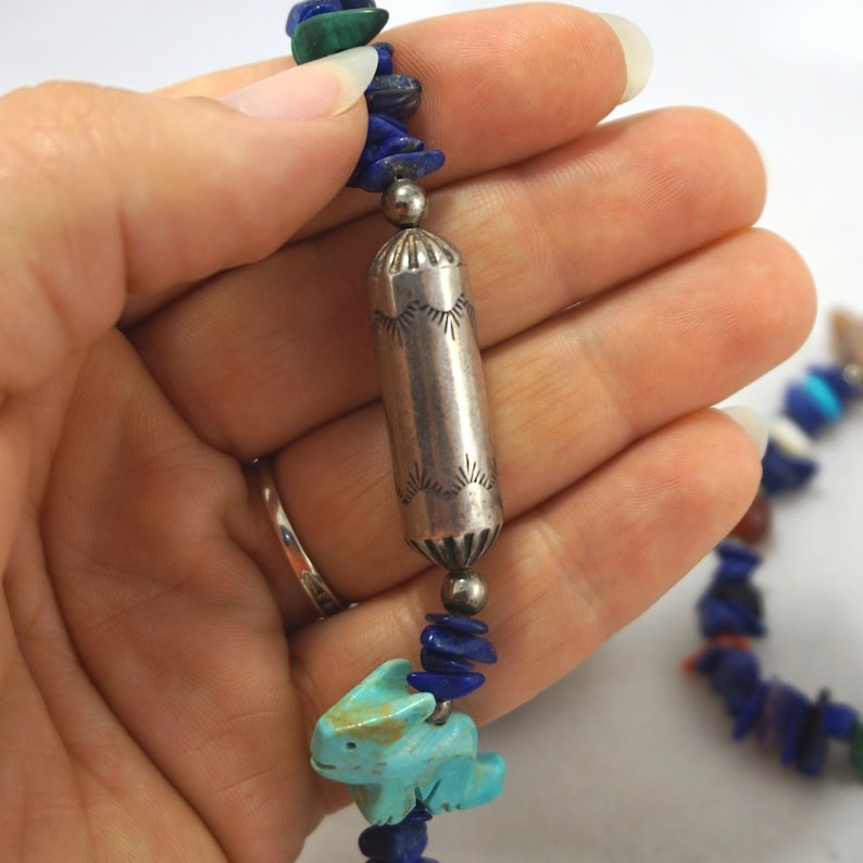Vintage Sterling Silver Native American Bench Bead Charm Lapis Multi Gemstone Stone Fetish Necklace