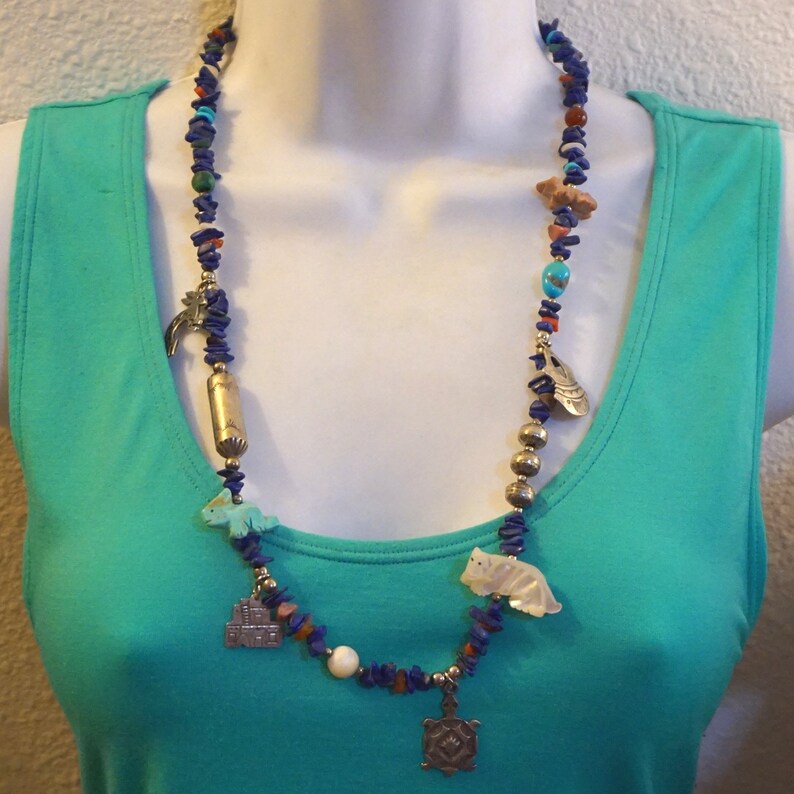 Vintage Sterling Silver Native American Bench Bead Charm Lapis Multi Gemstone Stone Fetish Necklace