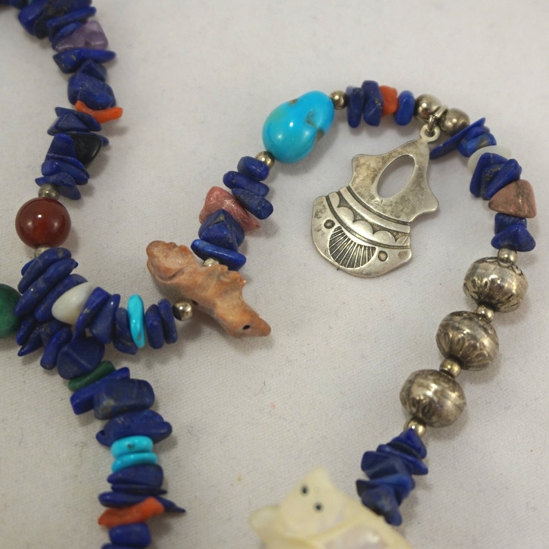 Vintage Sterling Silver Native American Bench Bead Charm Lapis Multi Gemstone Stone Fetish Necklace