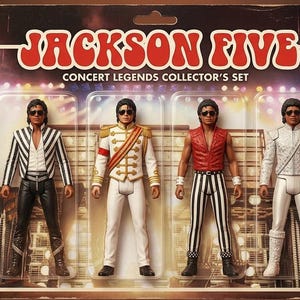 Może przedstawiać: Zestaw kolekcjonerski Jackson Five Concert Legends zawierający pięć figurek w strojach scenicznych, dwie miniaturowe gitary i dwa bębny conga. Opakowanie zawiera napisy Jackson Five, Collector's Series oraz Legendary Performance Figures.