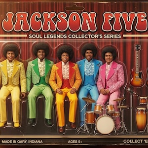 Może przedstawiać: Zestaw figurek akcji Jackson Five Soul Legends Collector's Series w oryginalnym opakowaniu. Zawiera pięć figurek w kolorowych garniturach, dwie gitary, mikrofon i zestaw perkusyjny. Tekst: JACKSON FIVE, SOUL LEGENDS COLLECTOR'S SERIES.