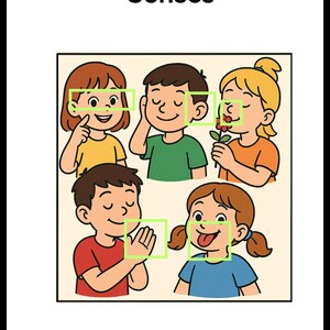 Peut inclure: Illustration de cinq enfants représentant les cinq sens humains : la vue, l'odorat, le toucher, le goût et l'ouïe. Les enfants sourient et ont les yeux fermés. Le texte "The human five Senses" est en haut de l'image et "By Dr. Uohna Thiessen" est en bas.