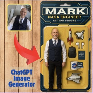 May include: A yellow and black action figure packaging with a photo of a man in a vest and tie. The packaging says "MARK NASA ENGINEER ACTION FIGURE" and includes accessories like a rocket, a spaceship, a backpack, and a mug with the NASA logo.