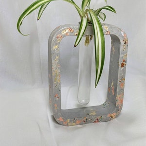 Puede incluir: Un macetero de hormigón gris con motas doradas y un tubo de ensayo de vidrio transparente para sostener una planta pequeña. La planta tiene hojas verdes y blancas rayadas.