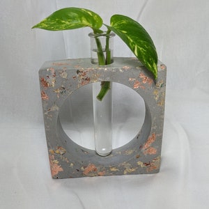 Puede incluir: Un macetero de hormigón gris con una abertura circular y un tubo de ensayo de vidrio para sostener una planta pequeña. El macetero tiene un acabado moteado con motas doradas y cobrizas.