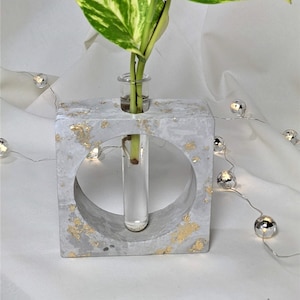 Puede incluir: Un macetero de hormigón blanco con motas doradas y una abertura redonda, que contiene un tubo de ensayo de vidrio con una planta verde y blanca variegada.