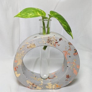 Puede incluir: Un jarrón de hormigón gris con motas doradas y un tubo de ensayo de vidrio transparente en el centro. Una pequeña planta verde está en el tubo de ensayo.