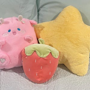 Kawaii Pink Dragon, Yellow Star, Strawberry Plushie - Soft, Plush Fabric, Throw Pillow, Cushion, Cute Home Decor, Birthday/Christmas Gift