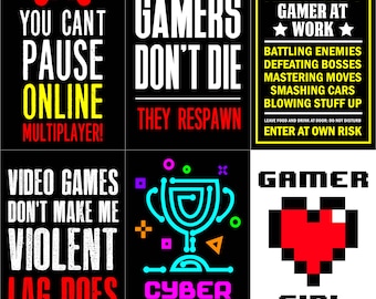 Video Game Posters: Can't Pause Multiplayer/Gamers Don't Die/Video Games Don't Make Me Violent/Cyber Cup/Keep Out/Gamer Girl Posters
