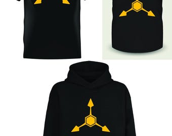 May include: Three black clothing items with a yellow geometric design. The items are a t-shirt, a tank top, and a hoodie.