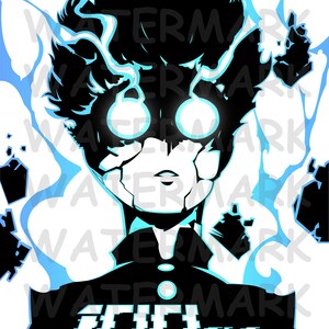 Puede incluir: Ilustración de estilo anime en blanco y negro, que representa a un personaje con ojos azules brillantes y efectos de energía. La cara del personaje está agrietada y la palabra "100%" se muestra en una fuente estilizada. El fondo es blanco.
