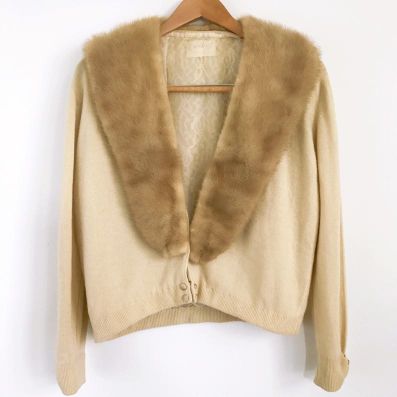 Vintage Cashmere Cardigan Fur Collar Cardigan Beige Cashmere Etsy