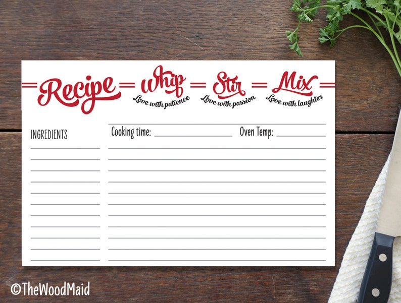 Recipe Card for Marriage Bridal Shower Recipe Gift Wedding Present for the Bride Custom Recipe Card Whip Stir Mix 4x6 Blank Recipe Card