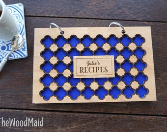 Blue Moroccan Tile Recipe Book, Blank Personalized Recipe Book, Kitchen Journal, Gourmet Mom's Hostess Bridal Gift, Christmas Gift for Her,