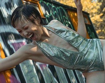 Holographic Halter Bodysuit: Shimmering Plunge Neck, Open Back Festival Wear