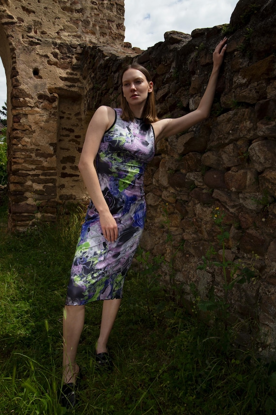 swirl bodycon dress Swirl Pattern Bodycon Dress: High Neck Sleeveless Beachwear PLAZMA