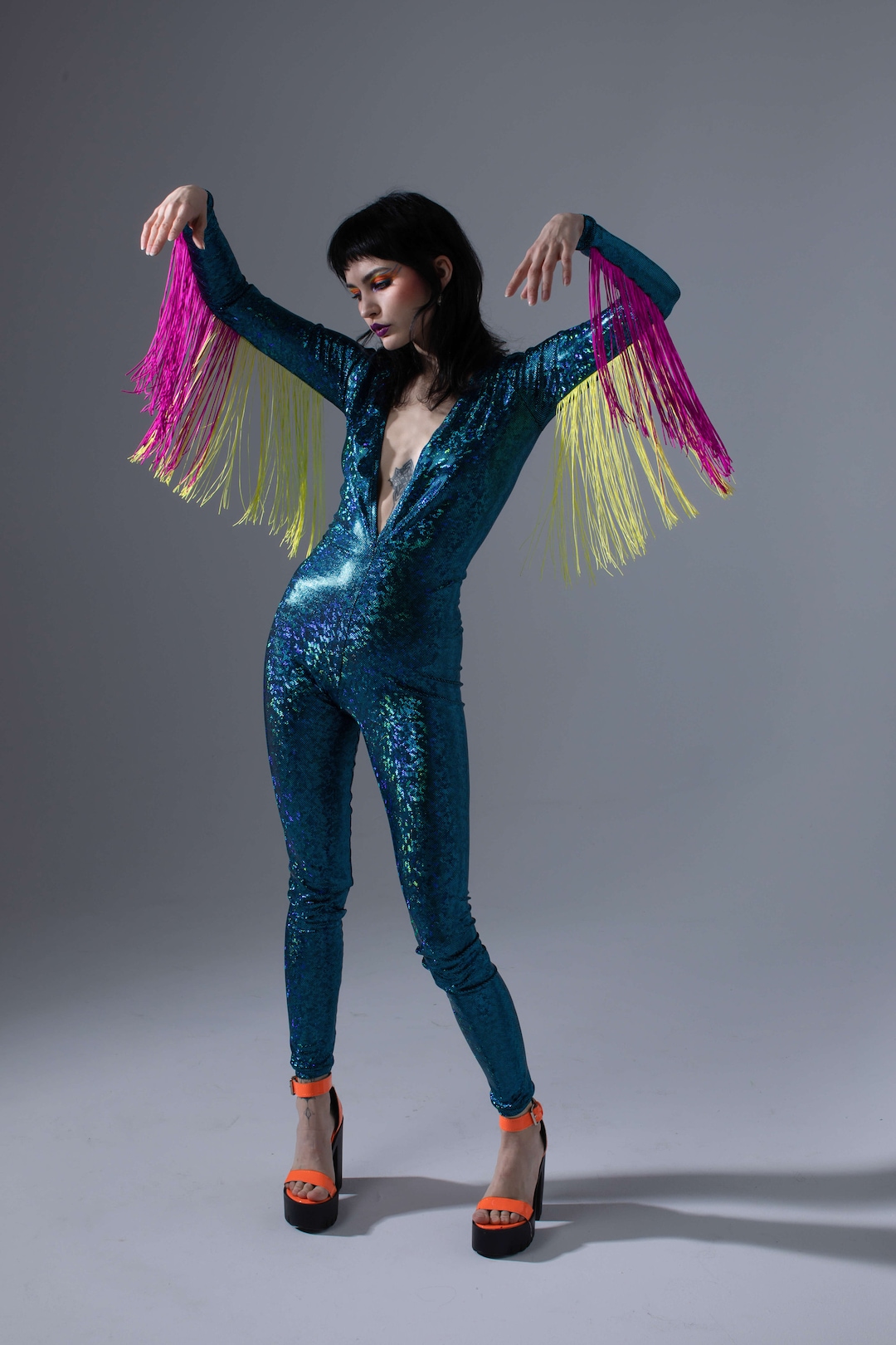 Deep V Vinyl Catsuit with Zipper Front main image 1