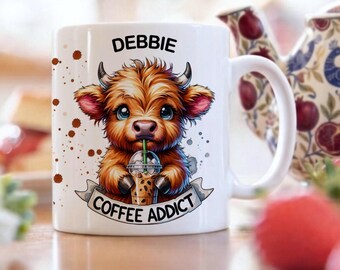 Highland Cow Mug, Personalised Coffee Mug with Name for Lovers