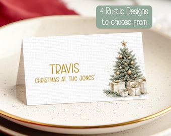 Personalised Christmas Place Cards, Rustic Linen Card Table Setting, 4 Designs (Custom Name)