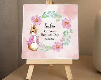 Personalised Baptism Christening Gift Flopsy Rabbit Pink or Blue Ceramic Tile
