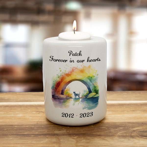 Rainbow Bridge Personalised Pet Memorial Tea Light Candle Holder - Remembrance Candle For Dogs, Cats & Pets Ceramic Tealight Holder CH023