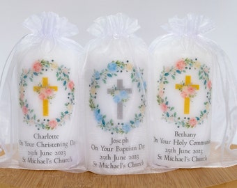 Personalised Floral Christening Candle: Baptism, Holy Communion Gift