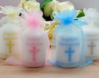 Personalised Christening Candles, Party Favour Set of 10 in Organza Bags