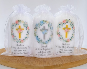 Christening Candles with Floral Design, Personalised Baptism Keepsake
