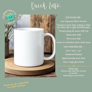 May include: A white ceramic mug with a large handle sits on a wooden coaster. The mug is plain white and appears to be empty. Text in the image says "Quick Info" and "Celebrations R Us Gift Co."