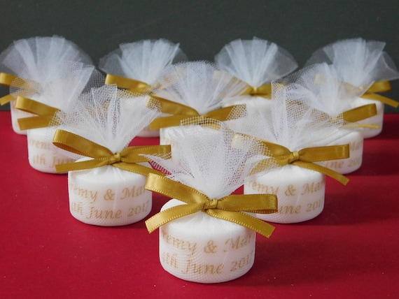 Personalised Candle Tealight Wedding Favours With Silver Satin Bows Set of 75