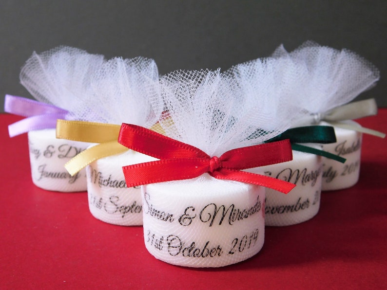 Personalised Candle Tealight Wedding Favours With Silver Satin Bows Set of 75