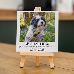May include: A white ceramic tile featuring a photograph of a dog, presented on a miniature wooden easel. The dog, with black and white fur, is in a field of bluebells. The tile is inscribed with the name "CHARLIE" and the years 2014-2025.