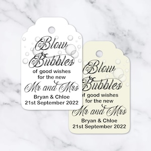 Personalised "Blow bubbles" Wedding Thank You Favour tags WITH OR WITHOUT Ribbon Pack of 12 Ivory or White