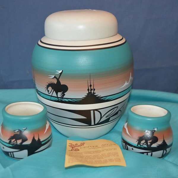 Cedar Mesa Signature Pottery Hand Painted American Indian Pot Vase and 2 cups End of Trail