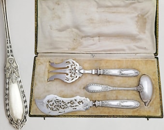 Boxed French Sterling Silver Handled 3pc Fish Serving Set - Gravy, Sauce Ladle, Fish Fork & Kinife