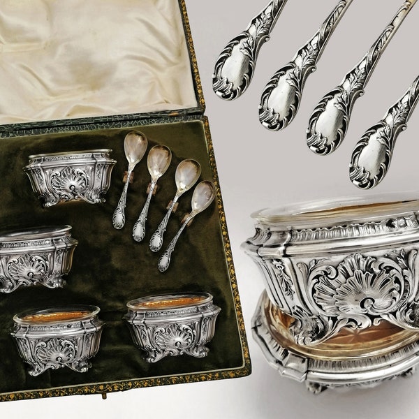 Boxed French Silver & Vermeil Salt Set: 4 Open Salt Cellars - 4 Salt Spoons - Rococo decor