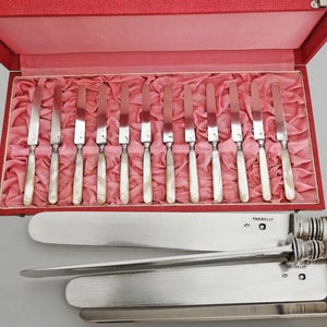 Boxed French .800 Silver & Mother of Pearl Fruit, Dessert Knives - 12pc Knife Set