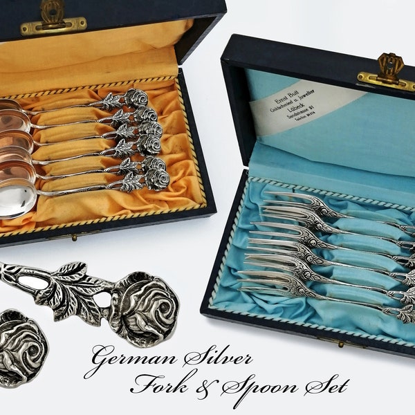 Boxed German .800 Solid Silver Dessert Set: Six Cake Forks and Six Coffee Spoons - Hildesheimer Rose - WMF