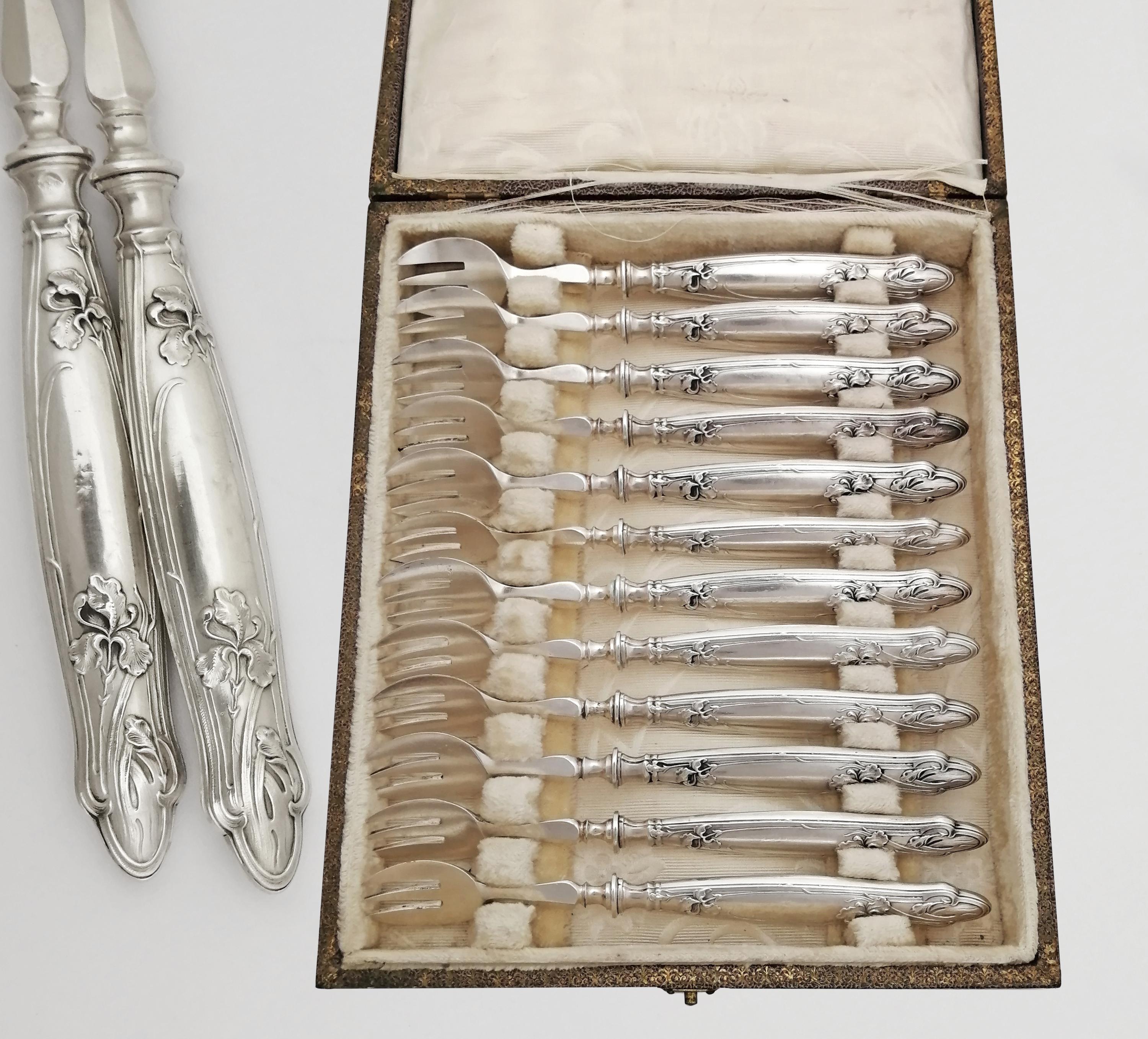 Boxed Französisch Sterling Silber behandelt 12-teilige Austerngabeln Set - Jugendstil Dekor