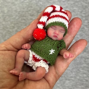 Silicone baby doll 4 inch Amelia (10cm). mini baby full silicone, painted, open mouth, miniature reborn, Christmas clothes by Kovalevadoll