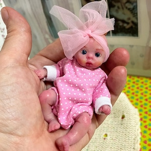 Mini silicone baby doll 4 inch full body Greta (10cm), painted , open eyes, open mouth, mini reborn baby silicone by Kovalevadoll