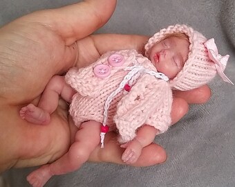 Mini silicone baby  5 inch Petal, tiny silicone girl, painted, rooted hair with pacifier, original clothes