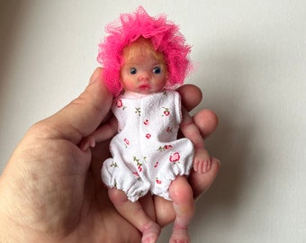 Mini silicone baby doll 5 inch full body Olivia (13cm), painted, rooting hair , open eyes, open mouth with pacifier by Kovalevadoll