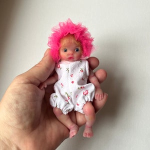 Mini silicone baby doll 5 inch full body Olivia (13cm), painted, rooting hair , open eyes, open mouth with pacifier by Kovalevadoll