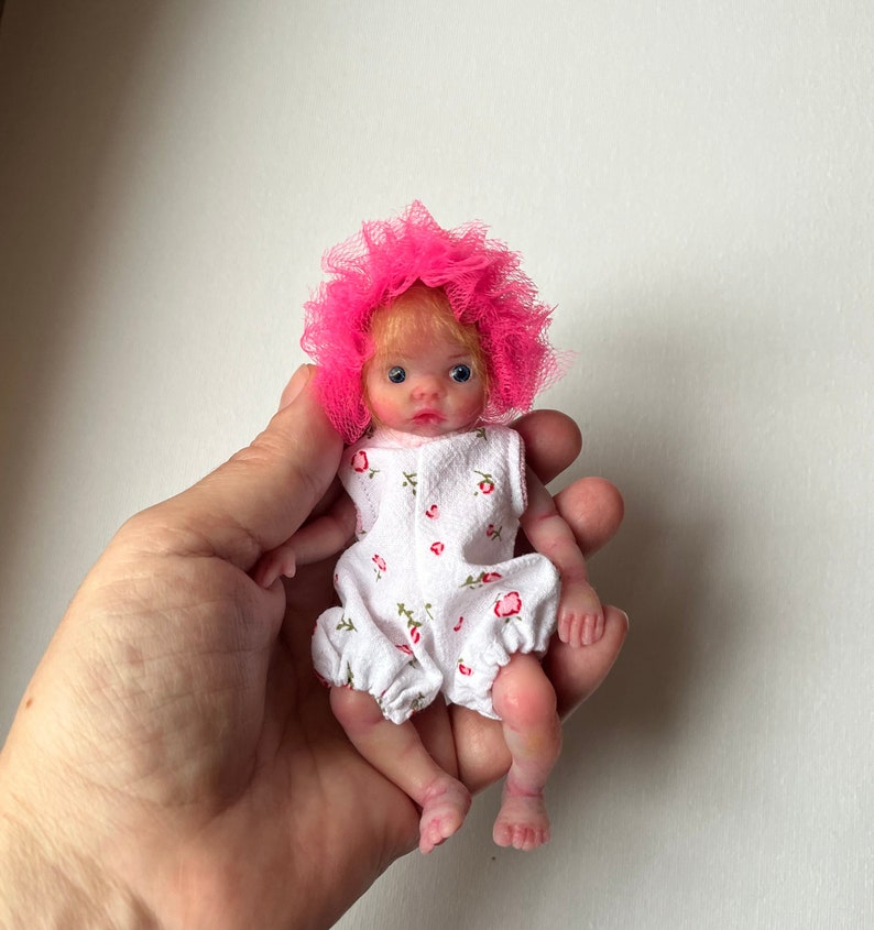 Mini silicone baby doll 5 inch full body Olivia (13cm), painted, rooting hair , open eyes, open mouth with pacifier by Kovalevadoll