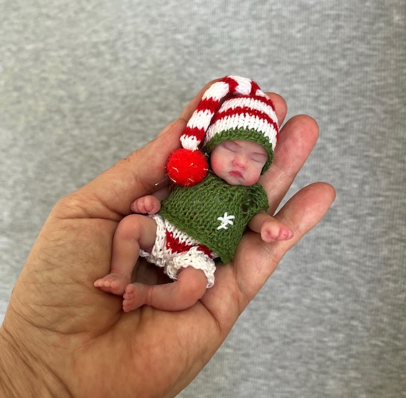 Full body Silicone baby doll 4 inch Amelia (10cm). mini baby full silicone, painted, open mouth, Christmas clothes by Kovalevadoll