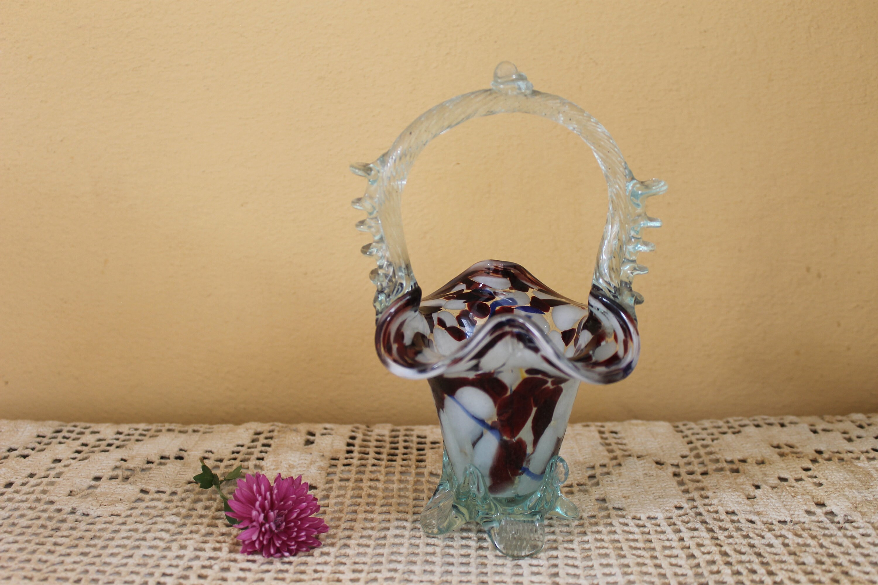 Vintage Art Glass Basket Hand Blown Glass Vase Handmade Etsy